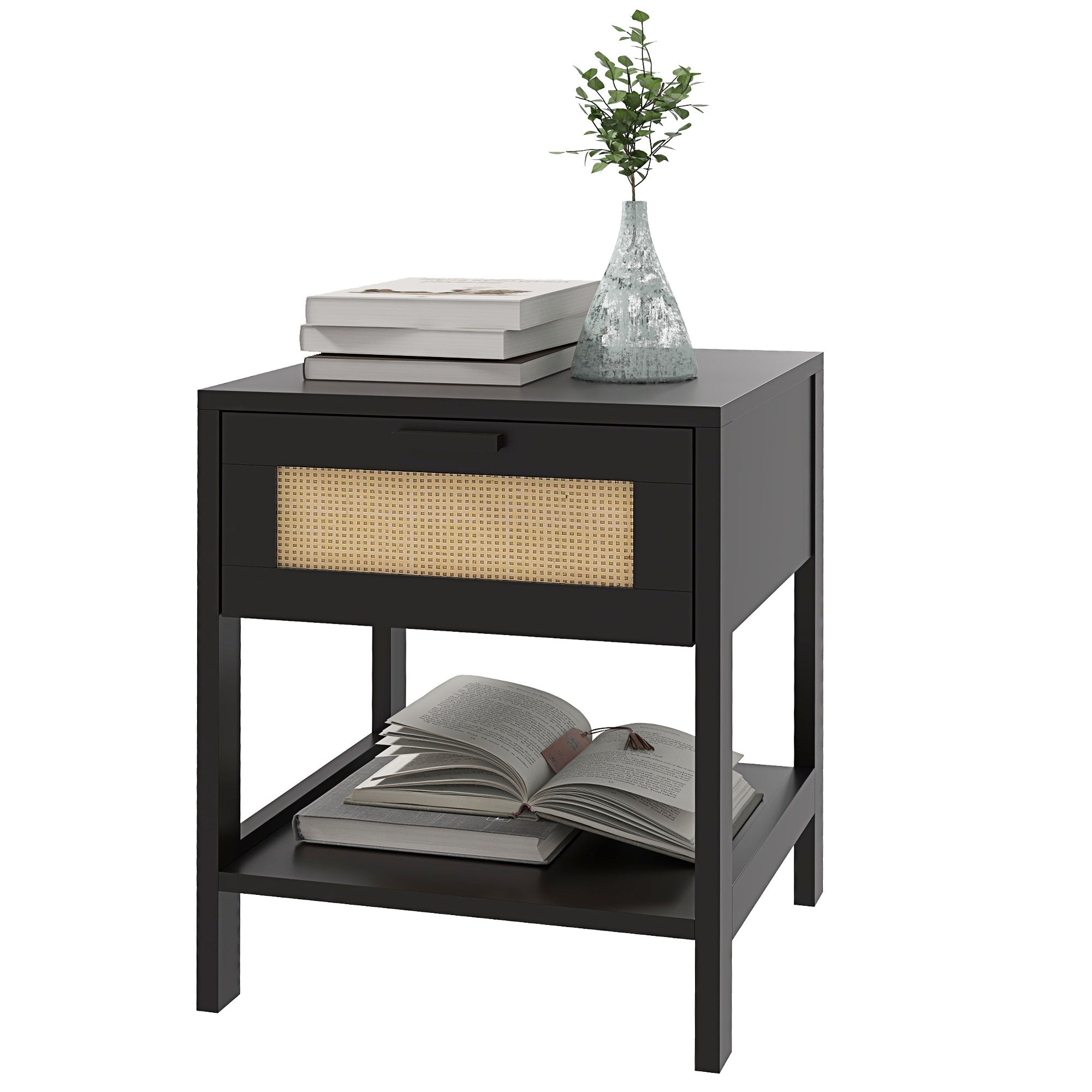 Modern Bedside Table, Accent Nightstand with Drawer and Open Shelf, Bed End Table for Bedroom, Living Room, Black - Gallery Canada