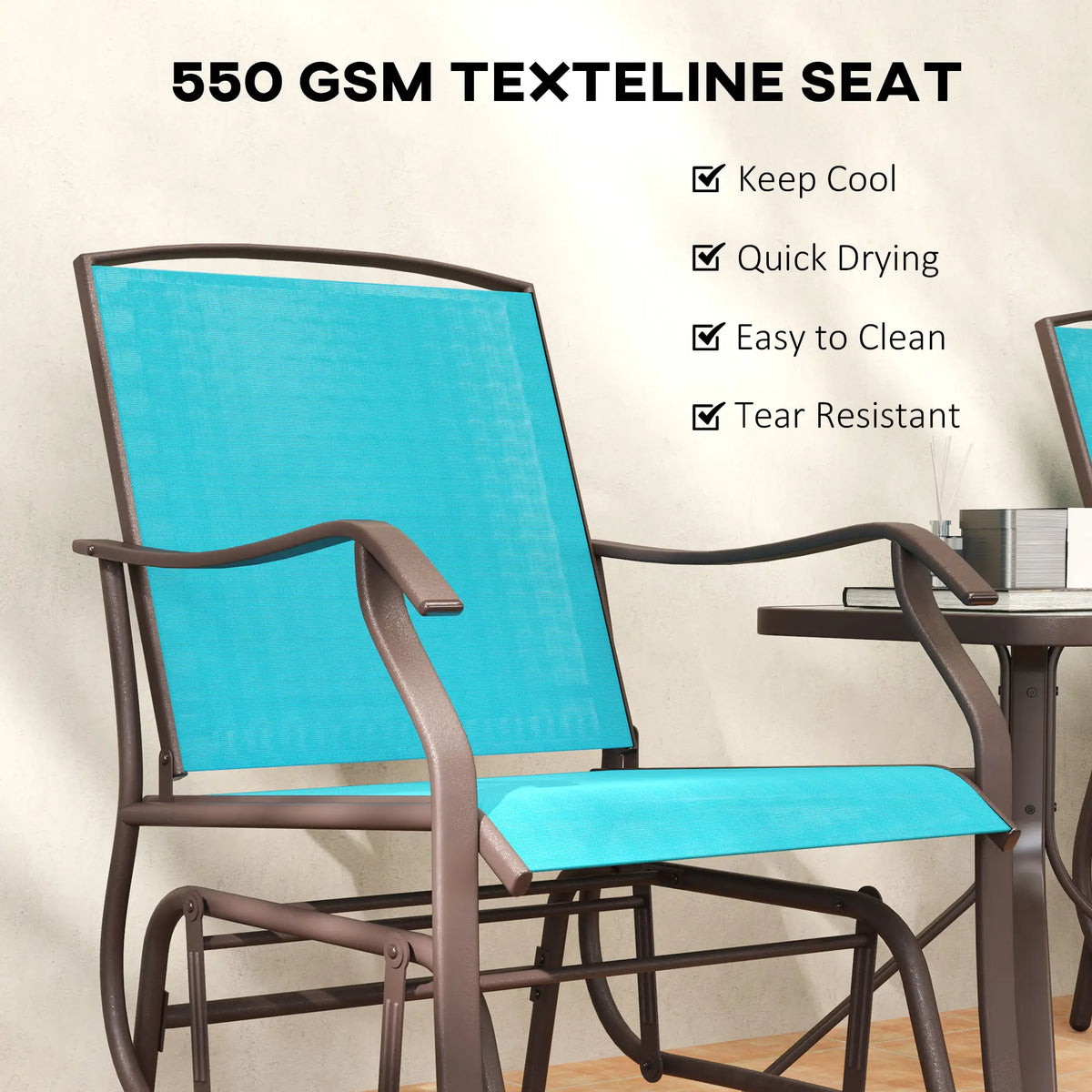 3 Piece Patio Glider Set, Breathable Mesh Seat, Glass Top Table, Blue Outdoor Gliders at Gallery Canada