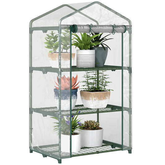 3 Tier Mini Greenhouse, Portable with Shelf Clips, Plastic Cover, Steel Frame, 27" x 19" x 49", Transparent Mini Greenhouses Clear, Dark Green at Gallery Canada