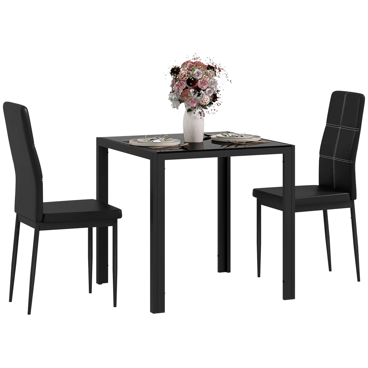 3-Piece Rectangular Glass Dining Table, Metal Frame, Faux Leather Chairs, Black Bar Sets at Gallery Canada