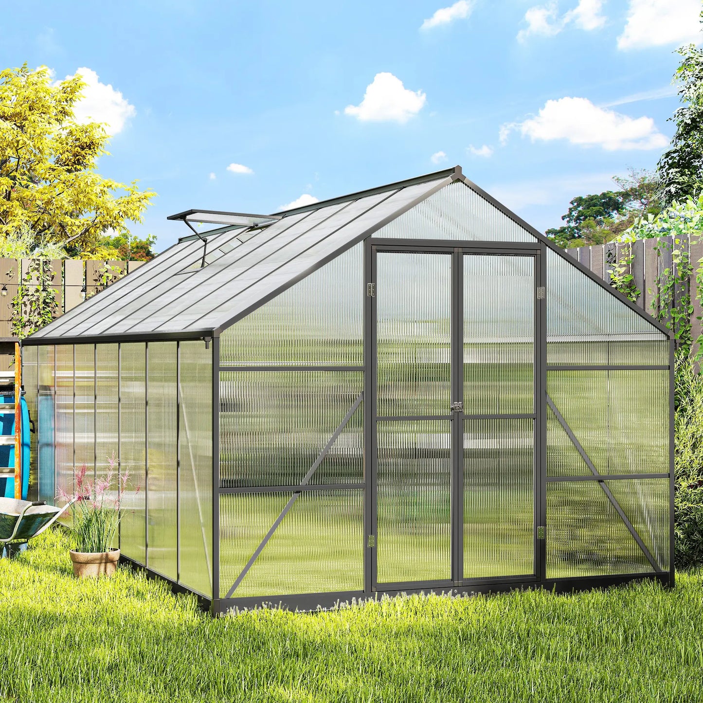 Polycarbonate Greenhouse, Walk-In With Windows, 8' x 16' x 7', Dark Grey
