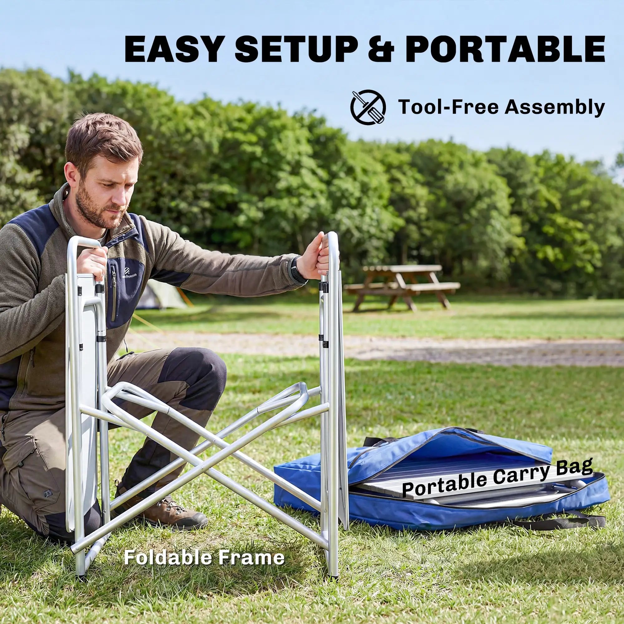 Portable Aluminum Camping Table, Fabric Cupboards, Windshield, Blue Picnic Tables & Camping Chairs at Gallery Canada