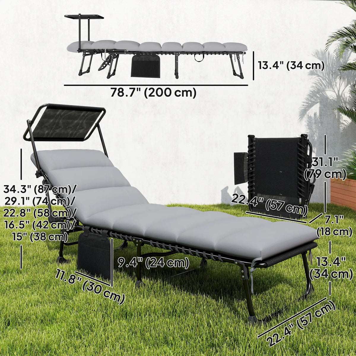 2 PCS Folding Chaise Lounge Chairs, Adjustable 5-Position, Cushion, Canopy, Side Pocket