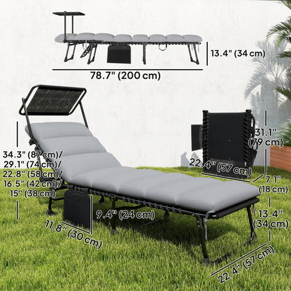 2 PCS Folding Chaise Lounge Chairs, Adjustable 5-Position, Cushion, Canopy, Side Pocket