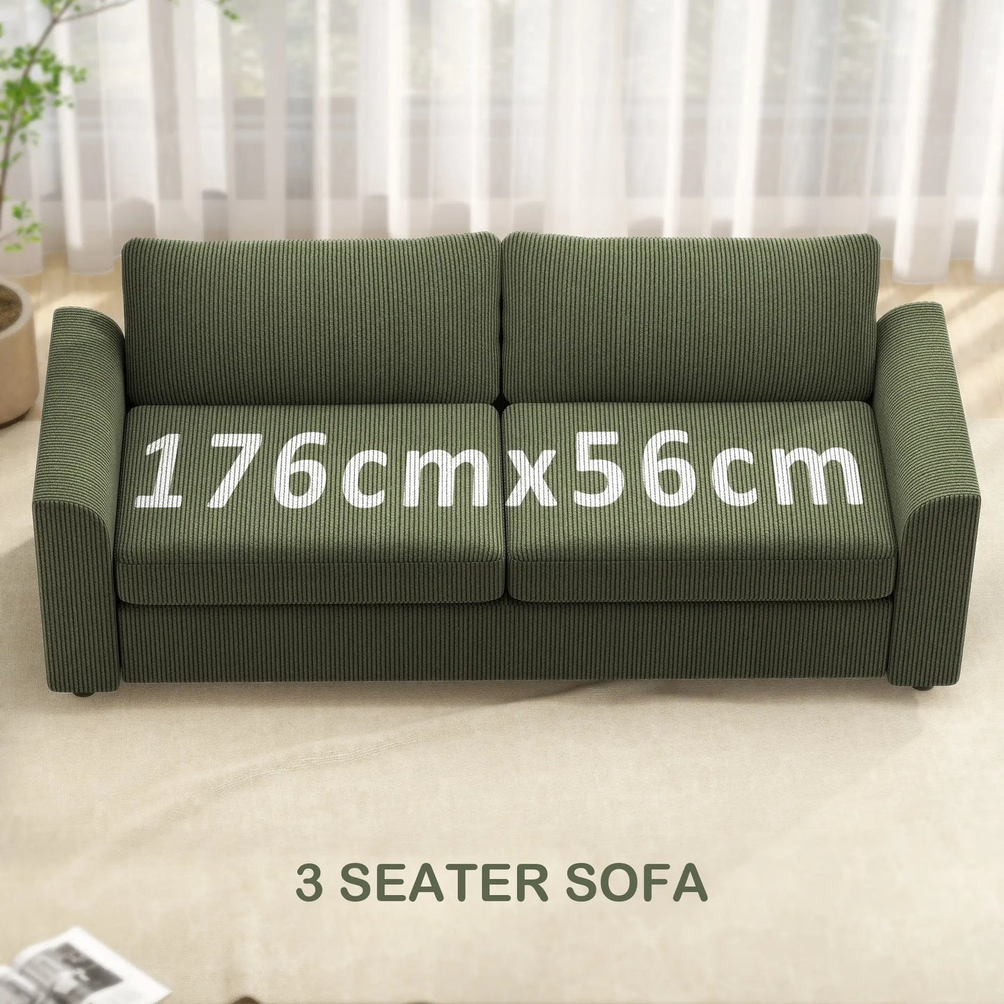 3 Seater Sofa, 83.5" Upholstered Couch, Pocket Spring, 2 Cushions, Green 3-Seater Sofas at Gallery Canada