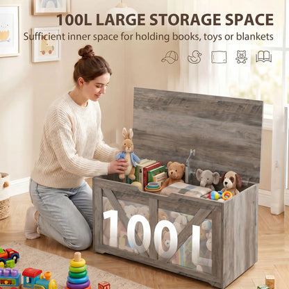 31.5" Storage Chest with Safety Hinge, Grey Wood Grain, Grey