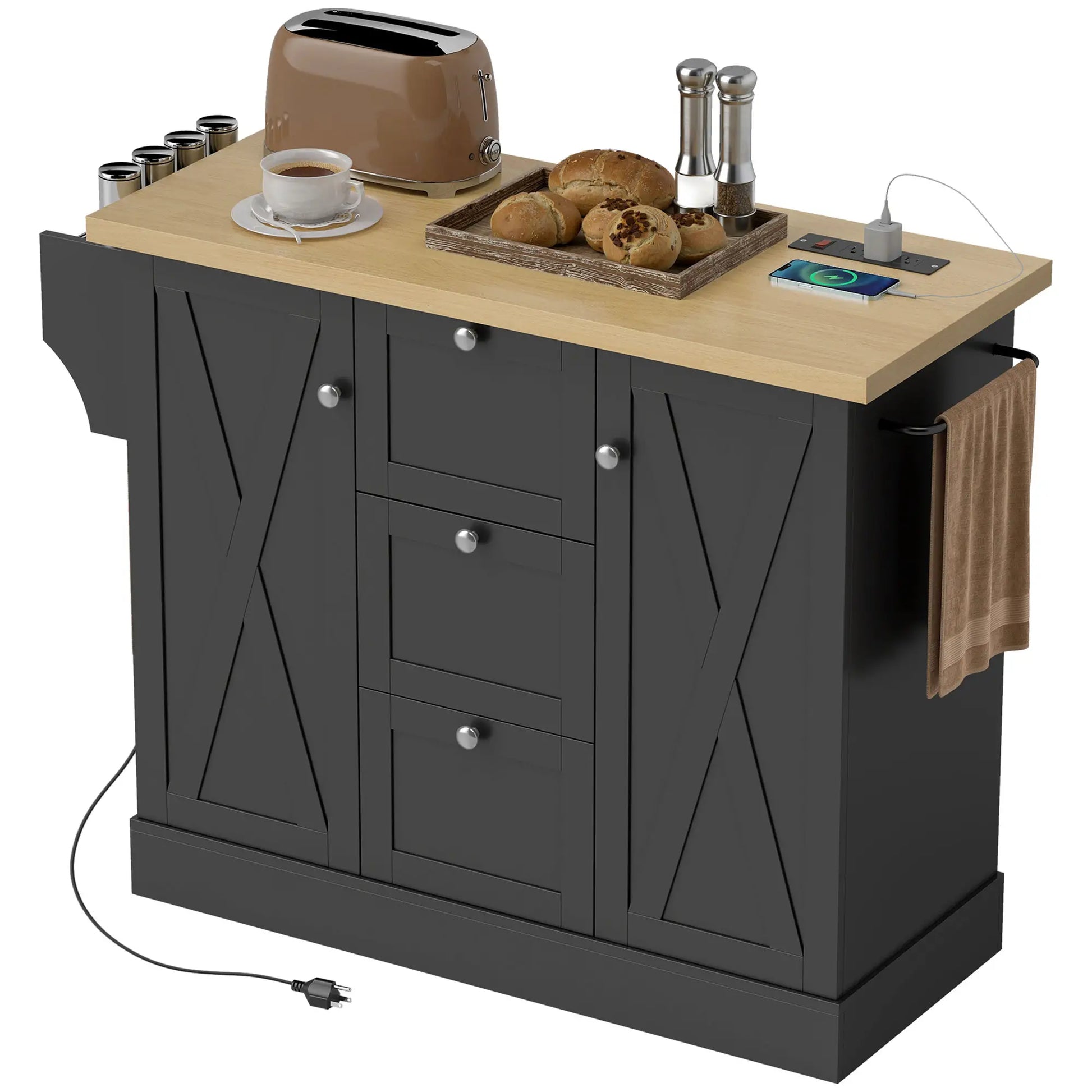 Farmhouse Kitchen Island Cart with Power Outlet, 49 Inch, Black Kitchen Islands & Kitchen Carts Black, Natural at Gallery Canada