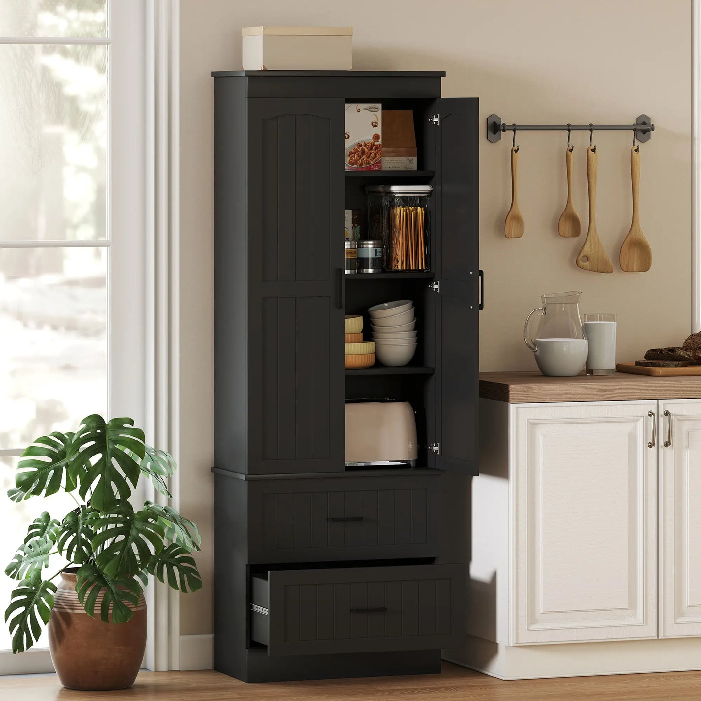 Tall Pantry Cabinet, 67", Kitchen Storage with Adjustable Shelves, Black Kitchen Pantry Cabinets at Gallery Canada