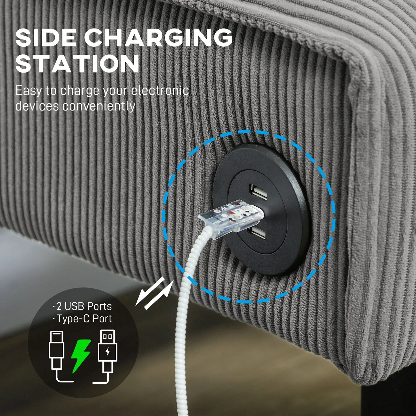 46.5" Loveseat Couch with USB Ports, Corduroy, Wood Legs, Grey 2-Seater Sofas at Gallery Canada