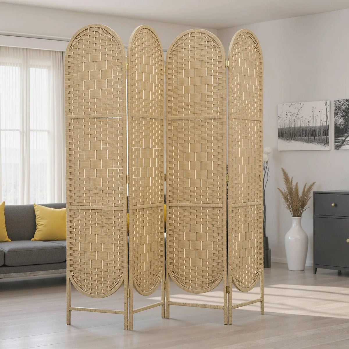 Bohemian Privacy Screen, 4 Panel Folding Room Divider, Arched Top, Natural Wood Room Dividers at Gallery Canada