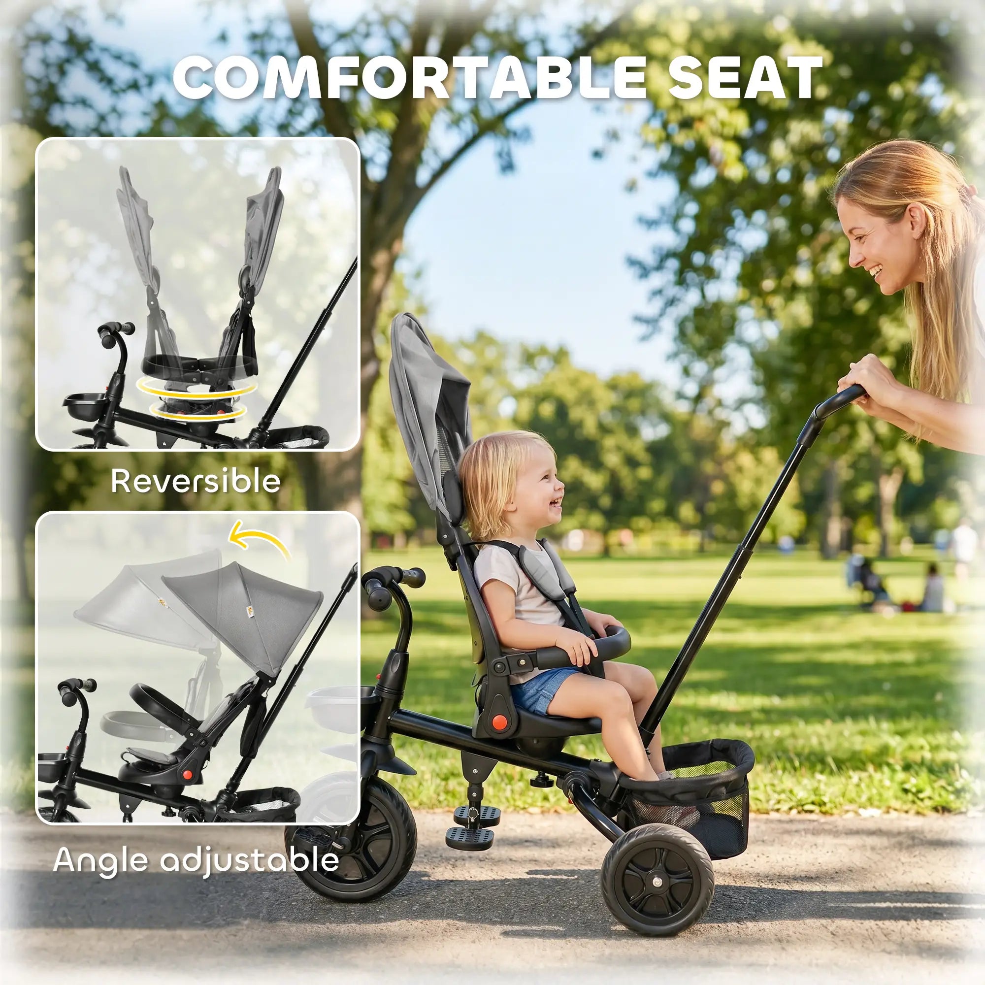 Toddler Tricycle, 4 in 1 Kids Trike, Adjustable Seat, Removable Handle, Grey Tricycles for Kids at Gallery Canada