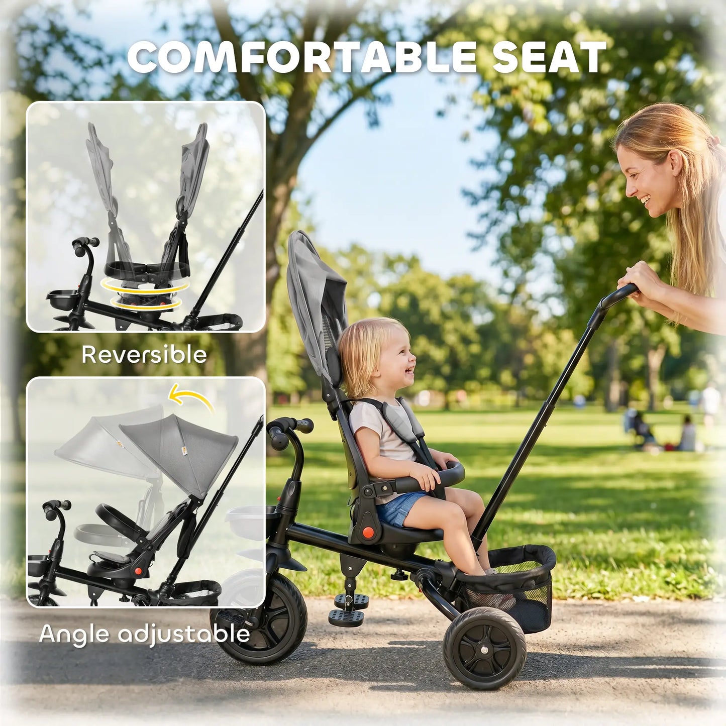 Toddler Tricycle, 4 in 1 Kids Trike, Adjustable Seat, Removable Handle, Grey Tricycles for Kids at Gallery Canada