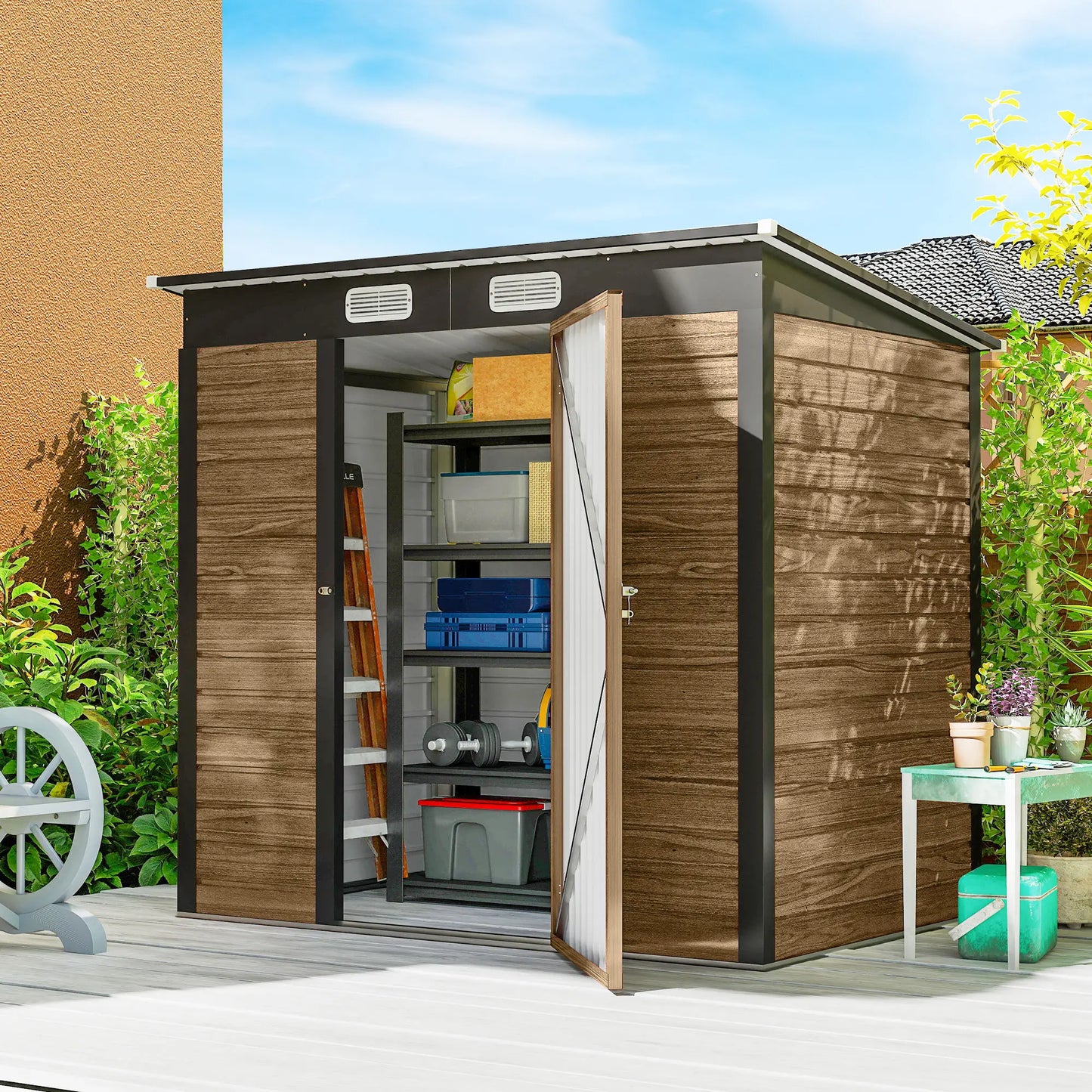 6' x 4' Galvanized Metal Garden Storage Shed, Double Doors, 2 Vents, Teak Sheds at Gallery Canada