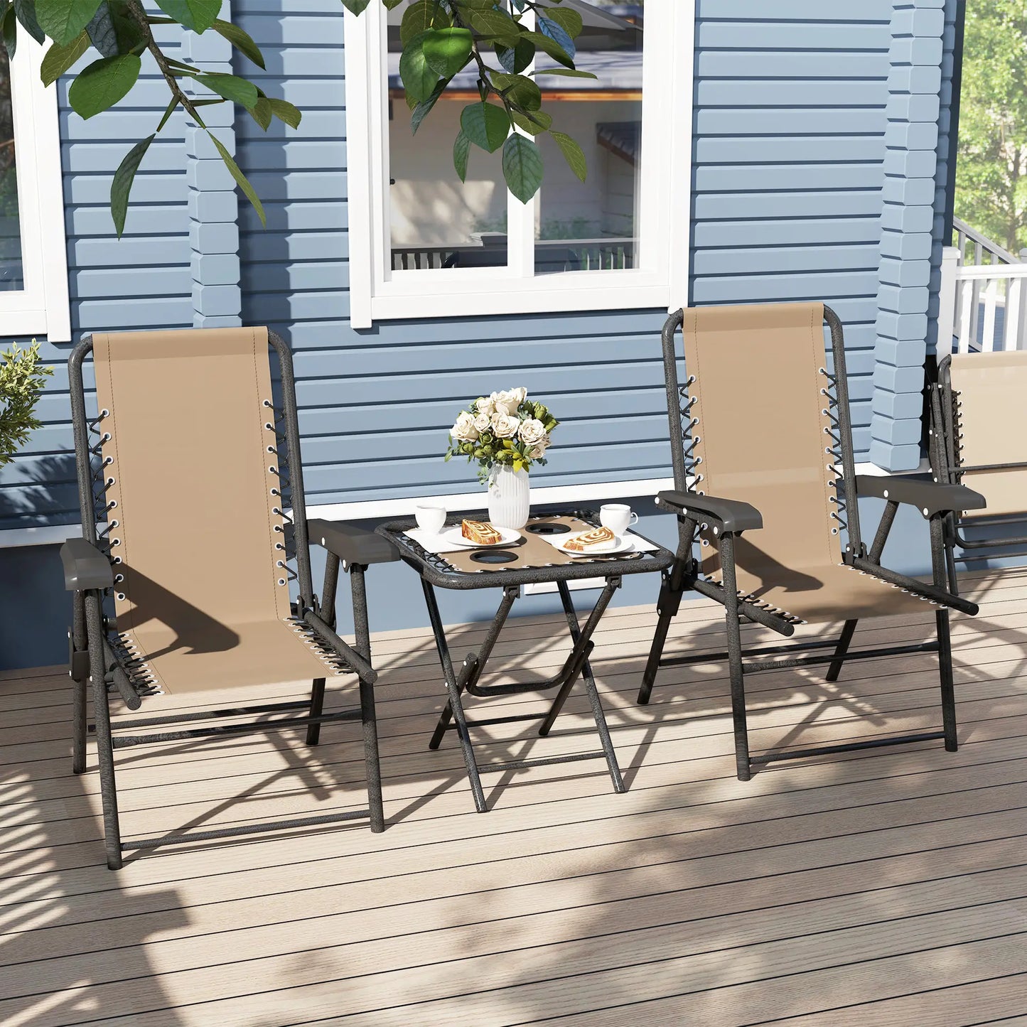 3 Piece Patio Bistro Set, Metal Outdoor Folding Table And Chairs, Khaki Bistro Sets at Gallery Canada