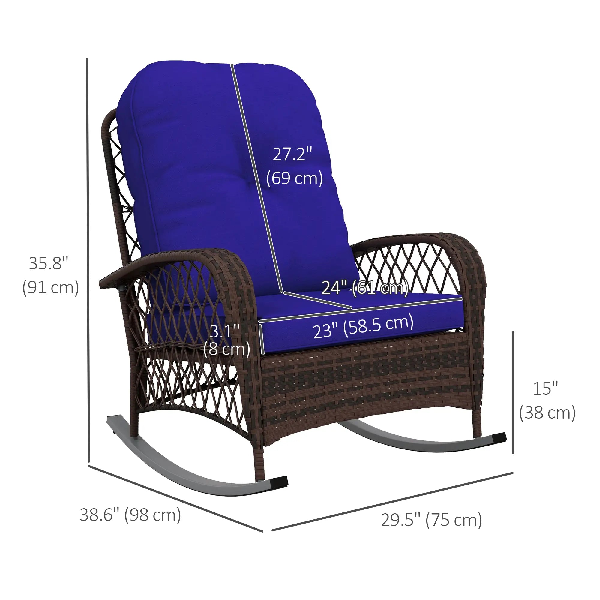 Outdoor Wicker Rattan Rocking Chair, Thick Cushions, Dark Blue Outdoor Rocking Chairs at Gallery Canada