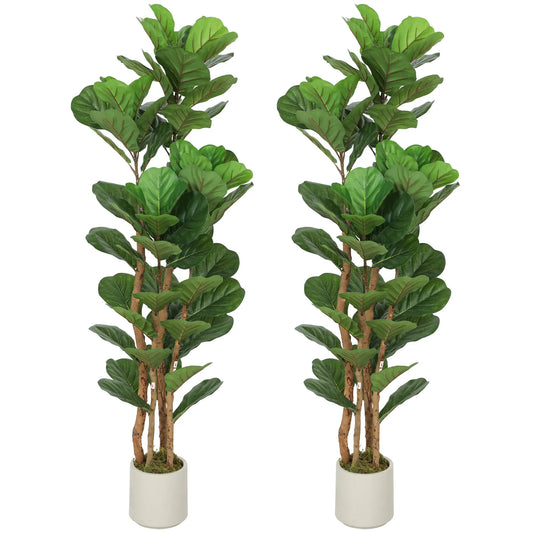5FT Artificial Fiddle Leaf Fig Tree Set Of 2, Fake Potted Tree, Green