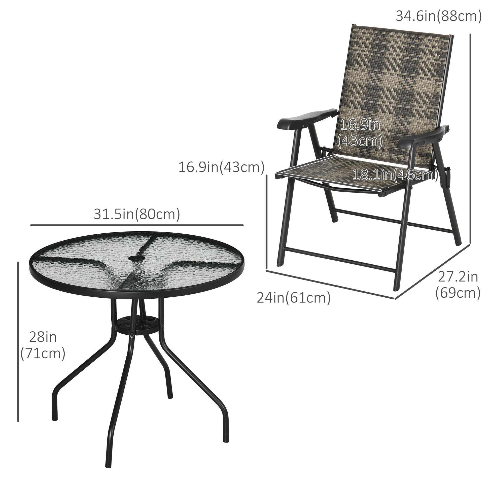 5 Pieces Wicker Patio Dining Set, Φ31.5" Round Glass Top Garden Dining Table with Umbrella Hole, Outdoor PE Rattan Folding Armchair for Outdoors, Camping, Mixed Gray - Gallery Canada