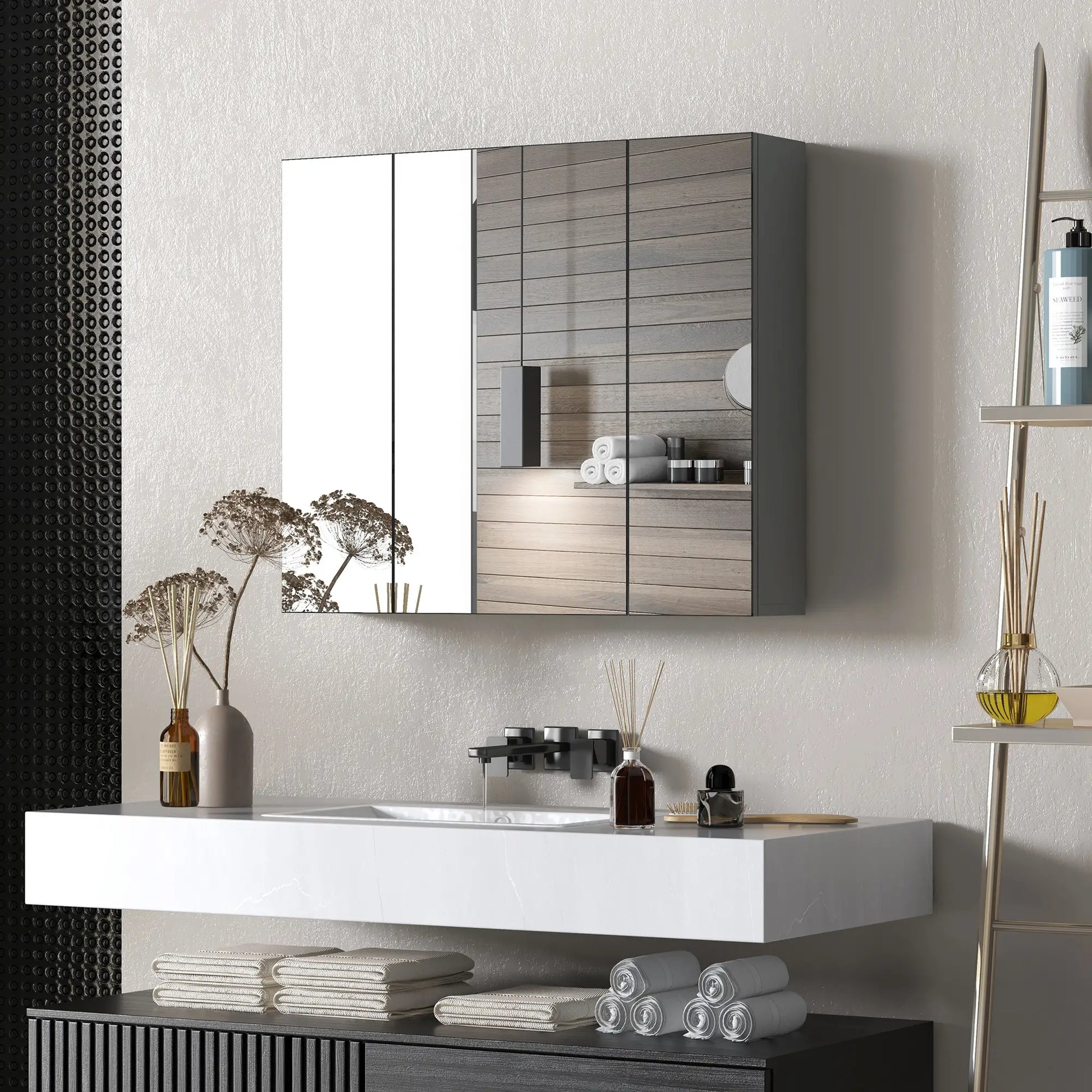 28" x 24" Wall Mounted Mirror Cabinet, 3 Doors, Adjustable Shelves, Grey Mirror Medicine Cabinets at Gallery Canada