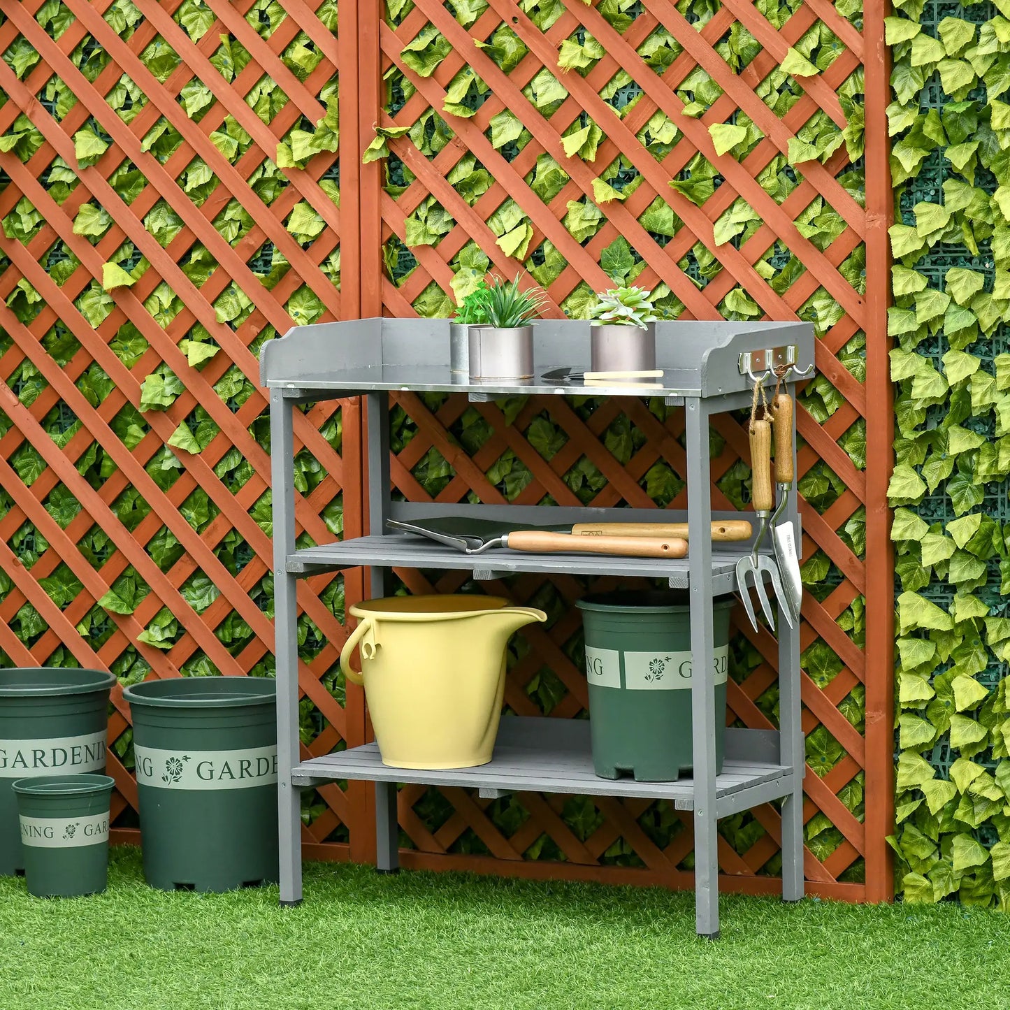Outdoor Garden Wooden Potting Bench, Work Table w/ Hooks, Grey Potting Benches & Tables at Gallery Canada