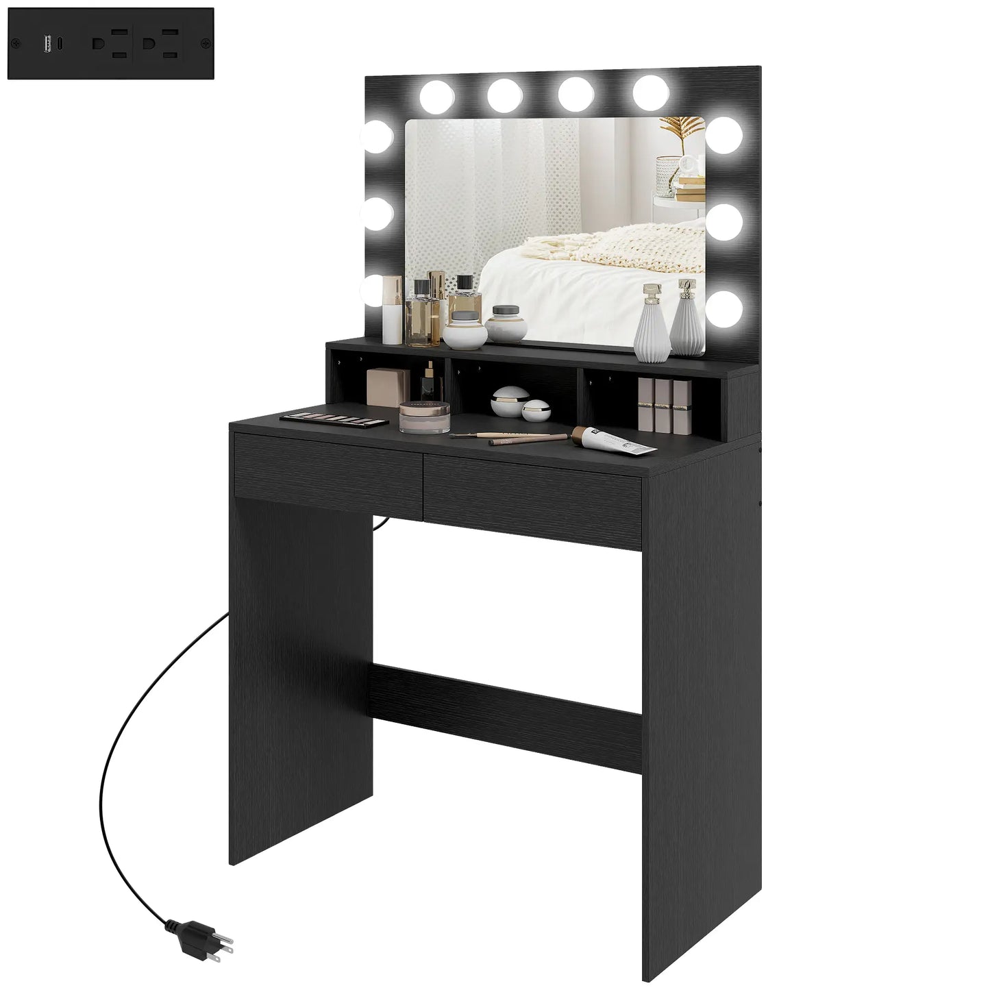 Vanity Table With LED Mirror, Charging Station, Drawers, Black Dressing & Vanity Tables Black at Gallery Canada