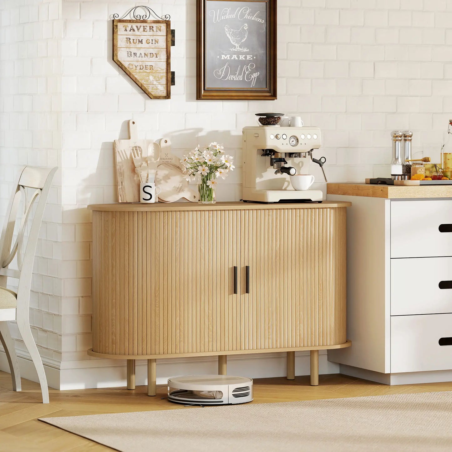47" Buffet Cabinet, Fluted Sideboard with Sliding Doors, Oak, Oak Storage Cabinets at Gallery Canada