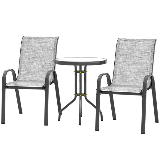 3 Piece Bistro Set, Stackable Mesh Chairs, Glass Table, Grey Bistro Sets Grey at Gallery Canada