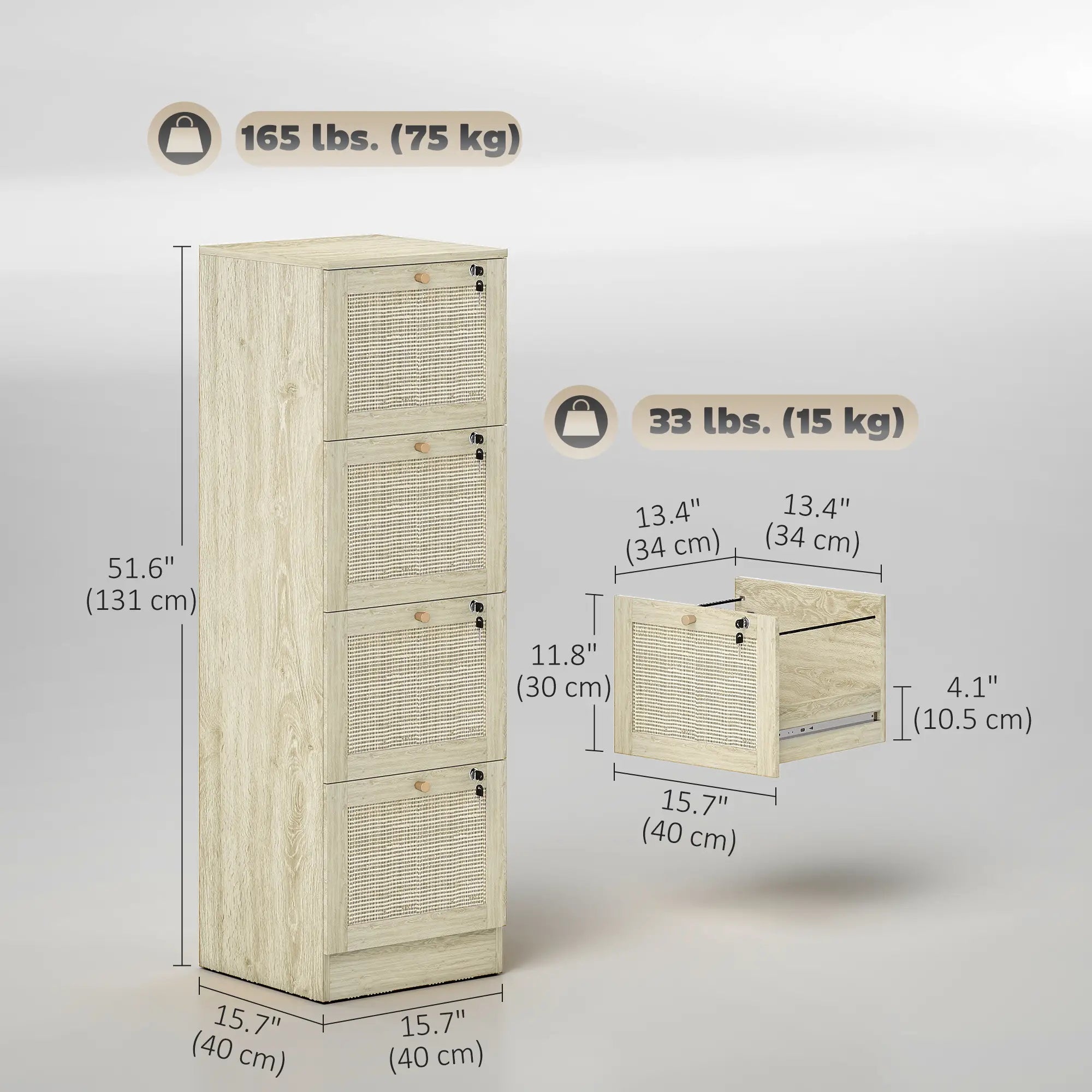 4 Drawer Filing Cabinet with Lock, Boho File Cabinet, A4 Letter Size, Oak Office Cabinets & Cupboards at Gallery Canada