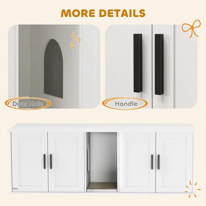 Cat Litter Box Enclosure, Double Room, Scratching Board, 57" x 19" x 20", White Cat Litter Box Enclosures at Gallery Canada