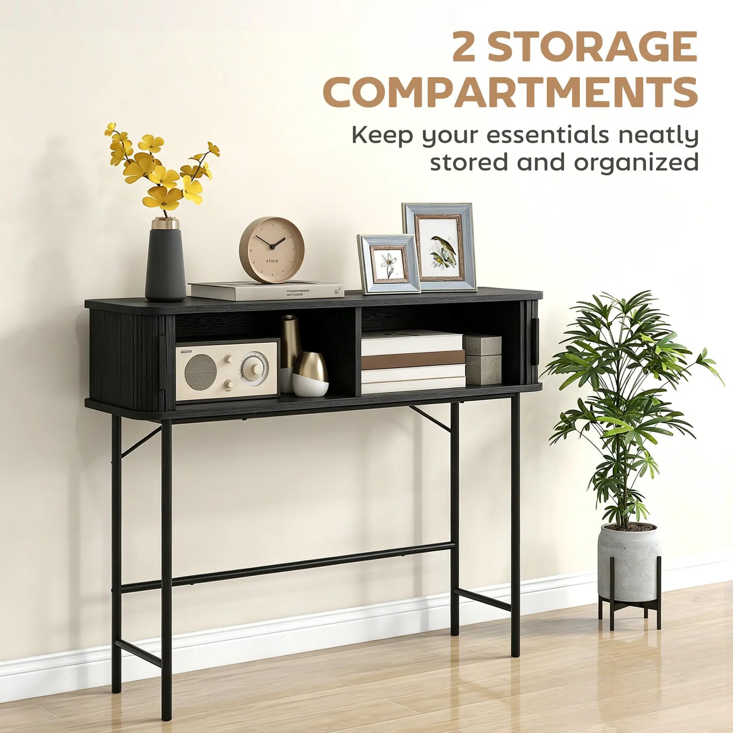 Mid-Century Console Table, Narrow Entryway Table with Storage, Black