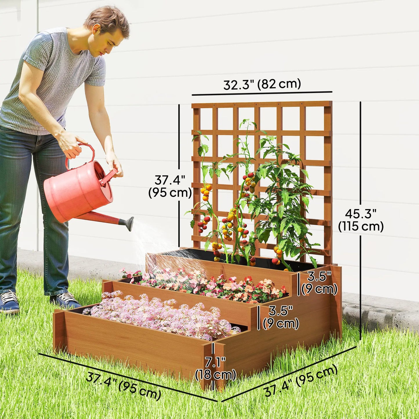Wooden Elevated Planter Box with Trellis, 3 Tier Raised Garden Bed, Brown Raised Garden Beds at Gallery Canada