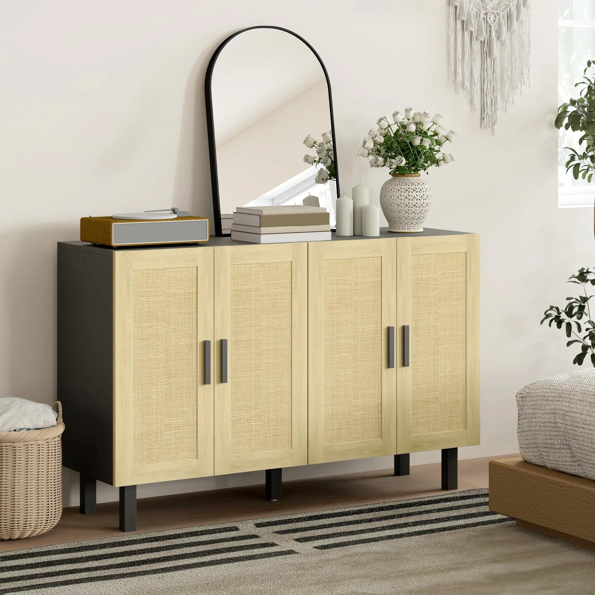 Boho Sideboard Cabinet, 4 Rattan Doors, Adjustable Shelves, Black Storage Cabinets at Gallery Canada