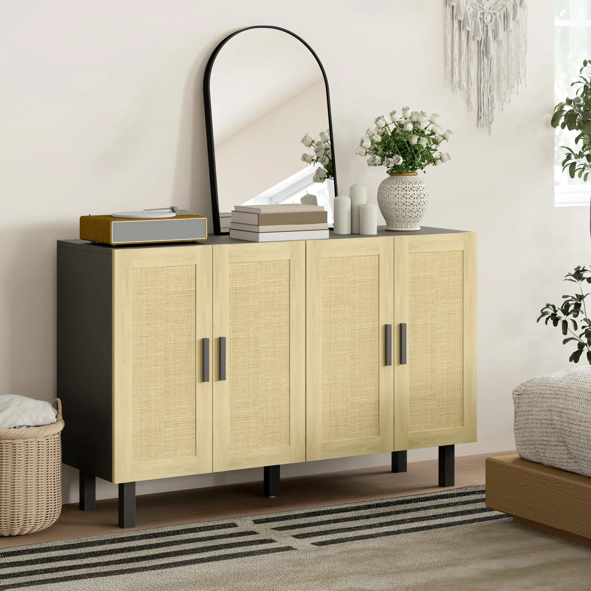 Boho Sideboard Cabinet, 4 Rattan Doors, Adjustable Shelves, Black Storage Cabinets at Gallery Canada