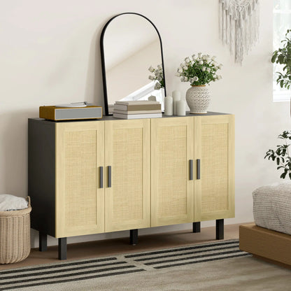 Boho Sideboard Cabinet, 4 Rattan Doors, Adjustable Shelves, Black Storage Cabinets at Gallery Canada