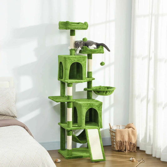 Cat Tree, 70 Inch Multi-Level Tower, 2 Condos, 2 Perches, Hammock, Green Cat Towers Green, Beige at Gallery Canada