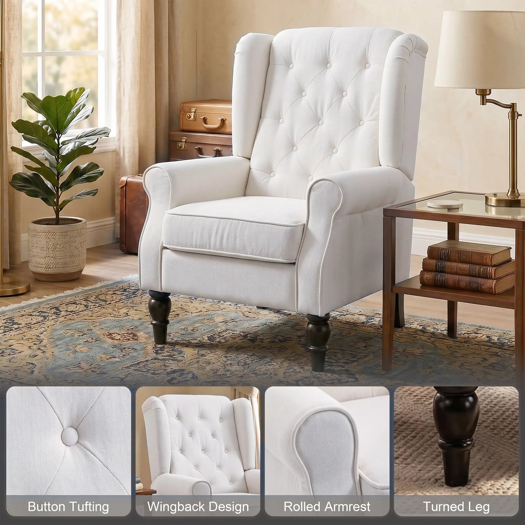 Modern Wingback Chair, Tufted Fabric Armchair With Wood Legs, White Accent Chairs at Gallery Canada