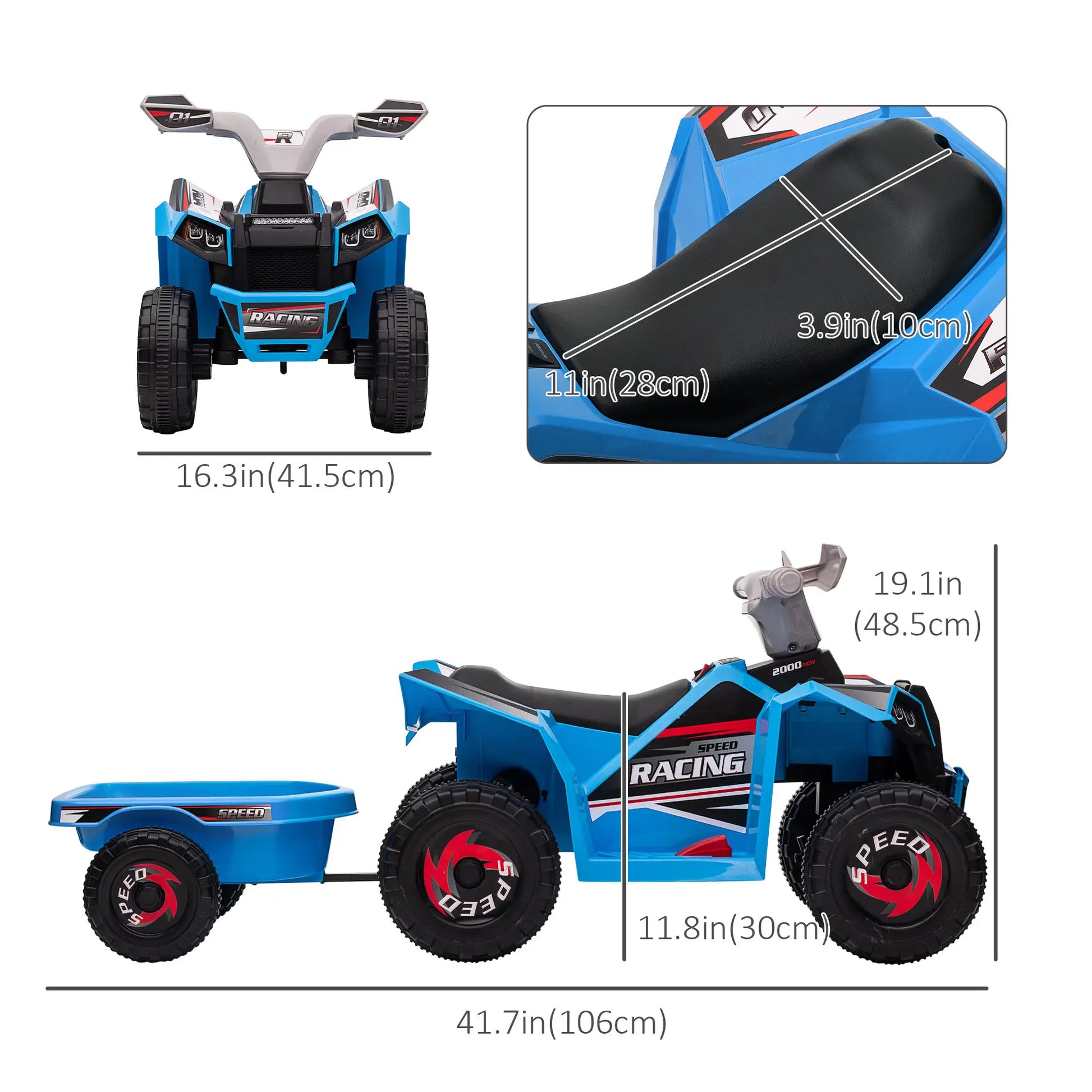 6V Kids ATV Quad, Battery Powered Electric Vehicle with Back Trailer, Wear-Resistant Wheels, Blue Electric Toy Cars at Gallery Canada