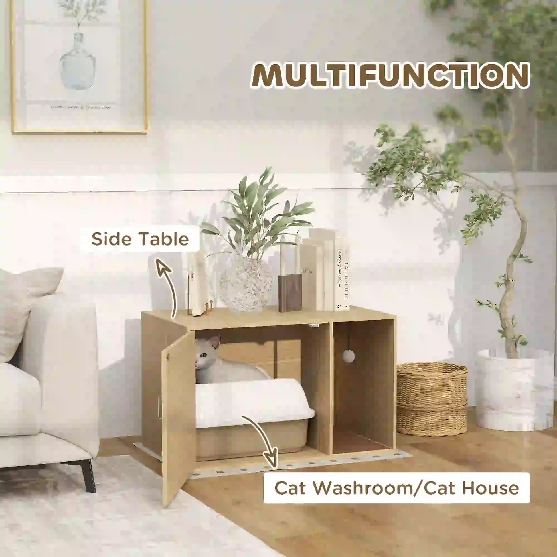 Cat Litter Box Enclosure, End Side Table, Rattan Door, Scratching Pad, Oak Cat Litter Box Enclosures at Gallery Canada