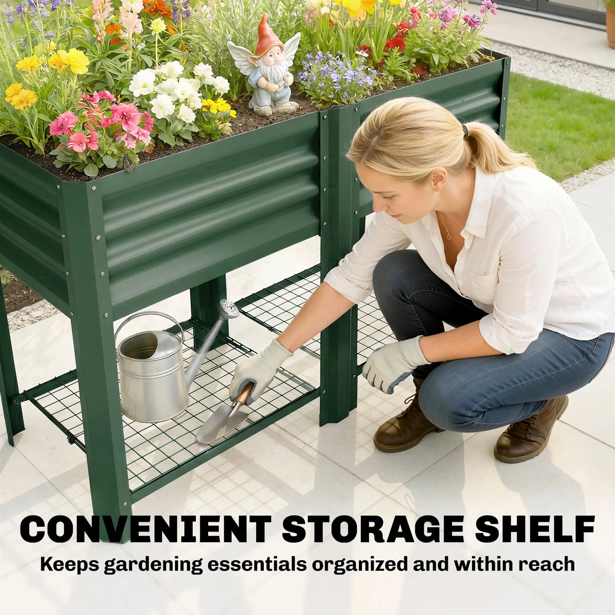 Lit de jardin surélevé vert de 31,5", étagère de rangement, jardinière surélevée, vert
