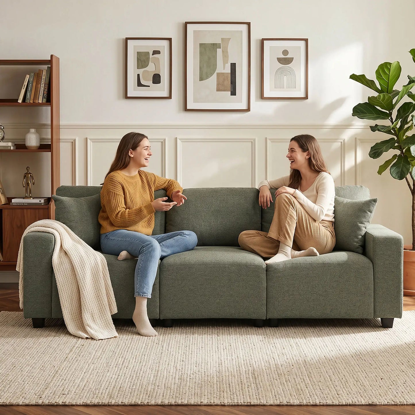 3 Seater Sofa With Storage Pockets, Modern Upholstered Couch, Green