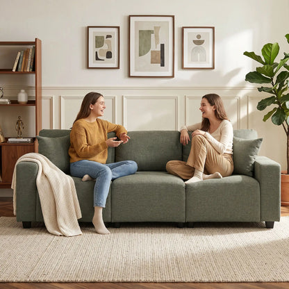 3 Seater Sofa With Storage Pockets, Modern Upholstered Couch, Green
