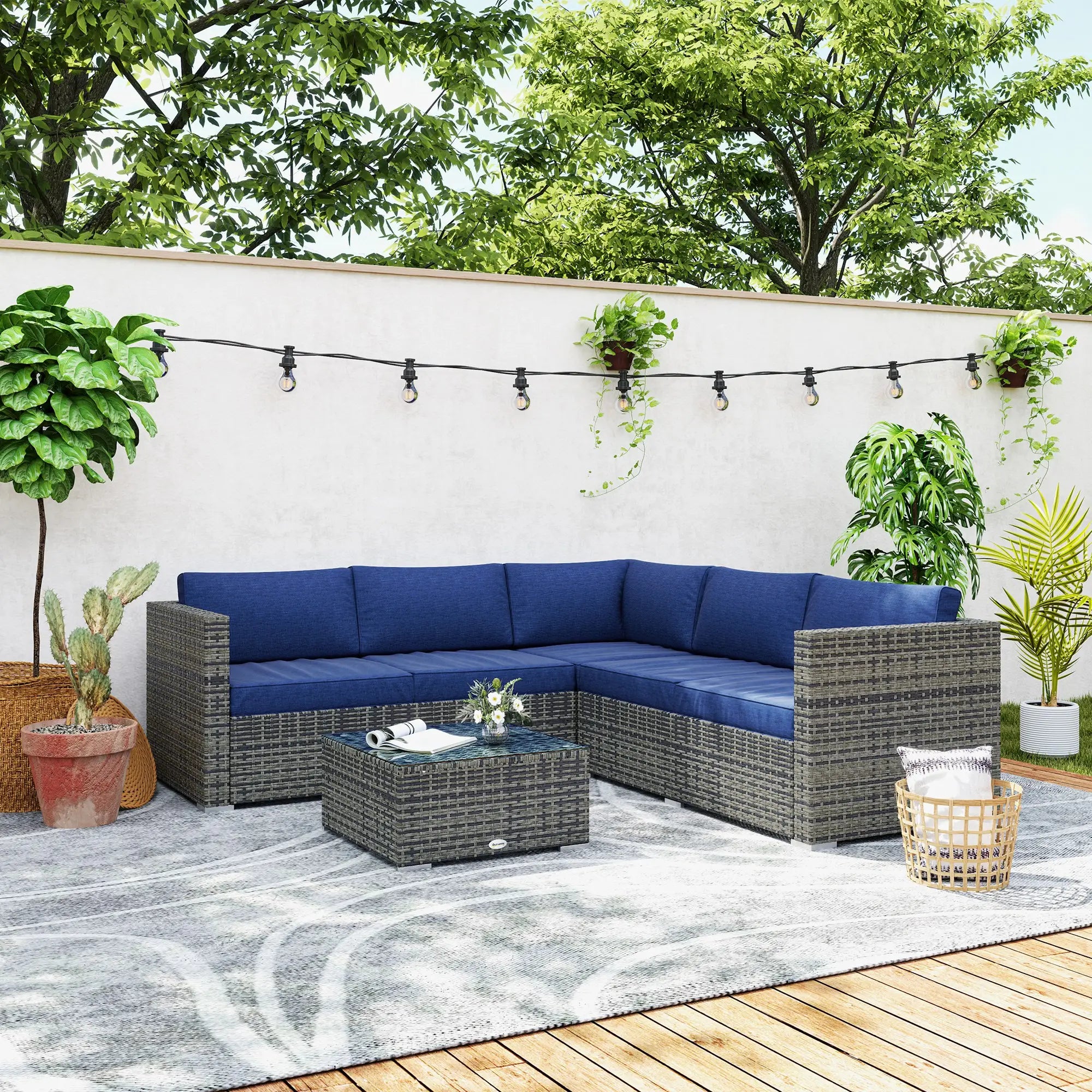 4pc Rattan Wicker Outdoor Furniture Set, Corner Sofa Loveseats Coffee Table, Navy Blue Patio Furniture Sets at Gallery Canada