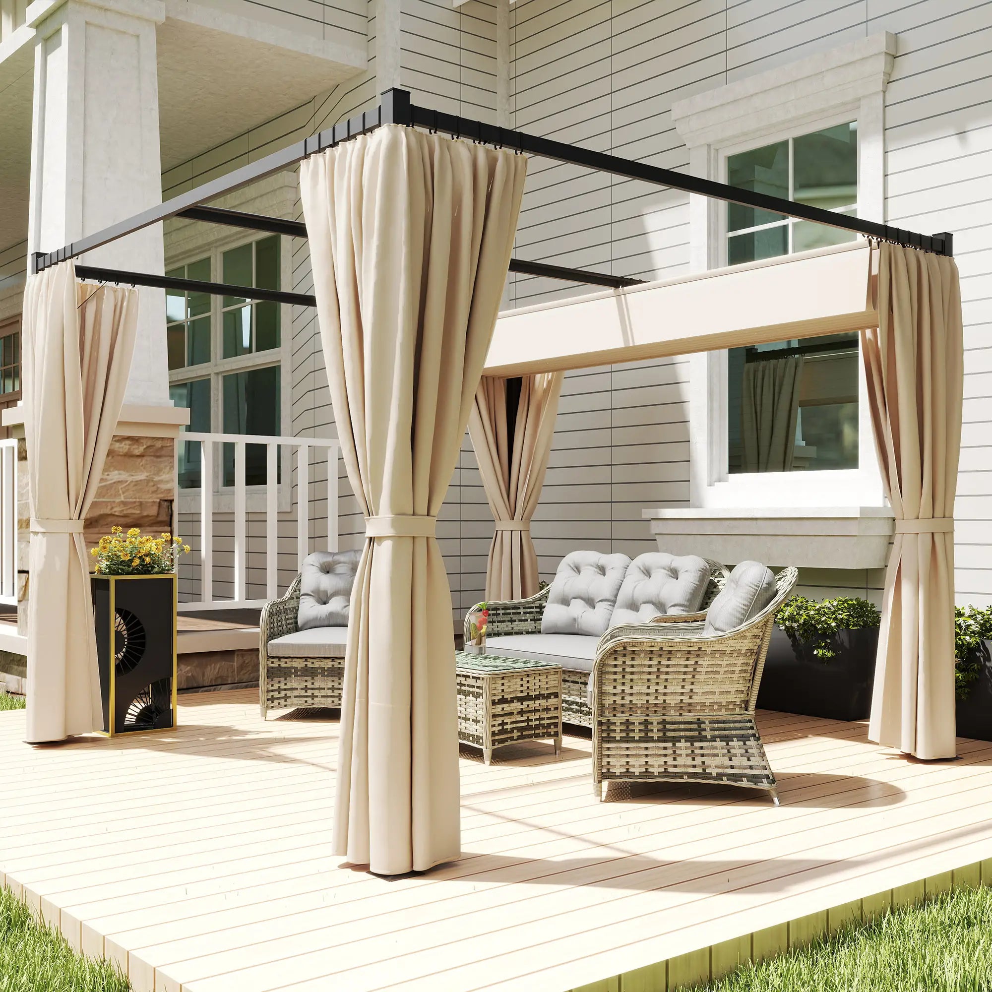 10' x 10' Retractable Pergola, Garden Gazebo with Curtains, Beige Pergolas at Gallery Canada