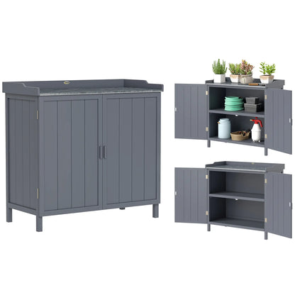 Outdoor Garden Storage Cabinet, Potting Bench with Galvanized Top, Grey Sheds at Gallery Canada