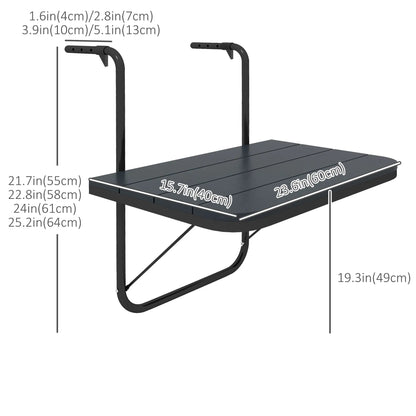 Table suspendue extérieure réglable, Bureau mural en aluminium, Rectangle pliable, Noir