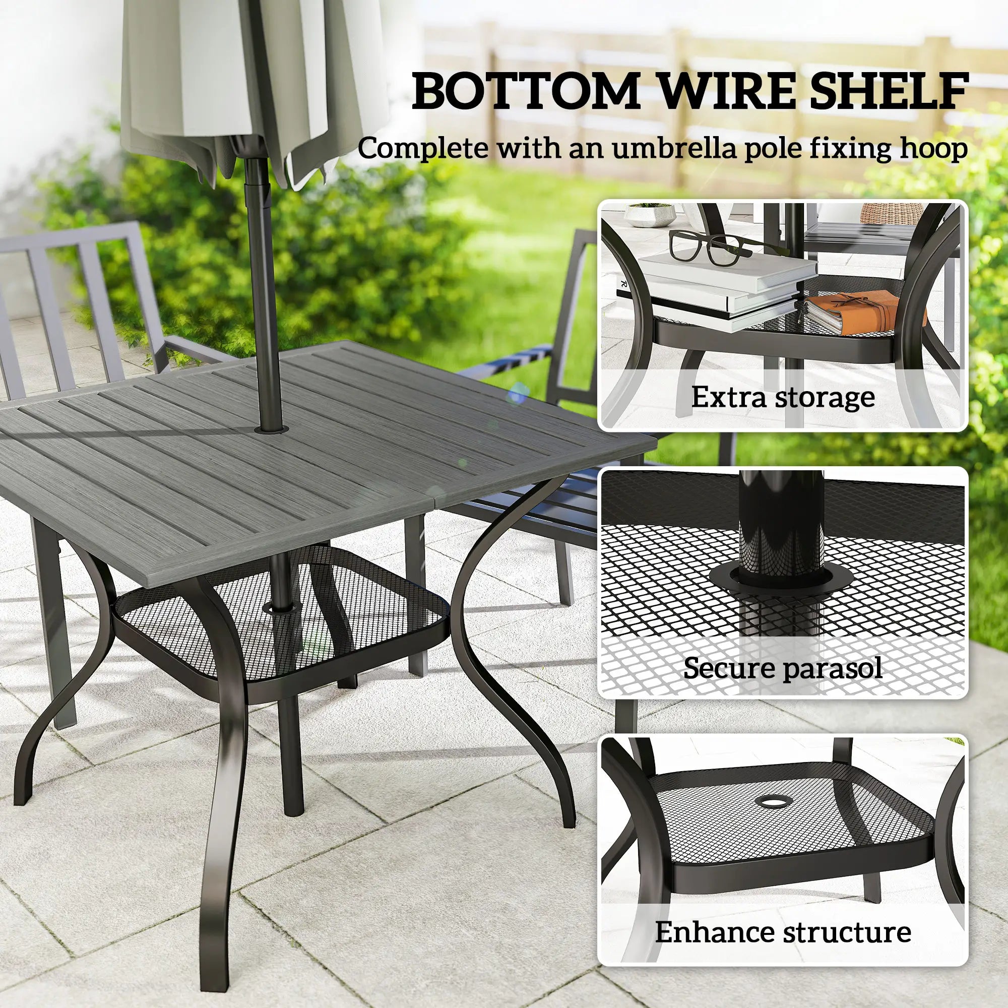 Square Patio Table With Umbrella Hole, Shelf, Slatted Faux Wood Steel Top, Grey Patio Dining Tables at Gallery Canada