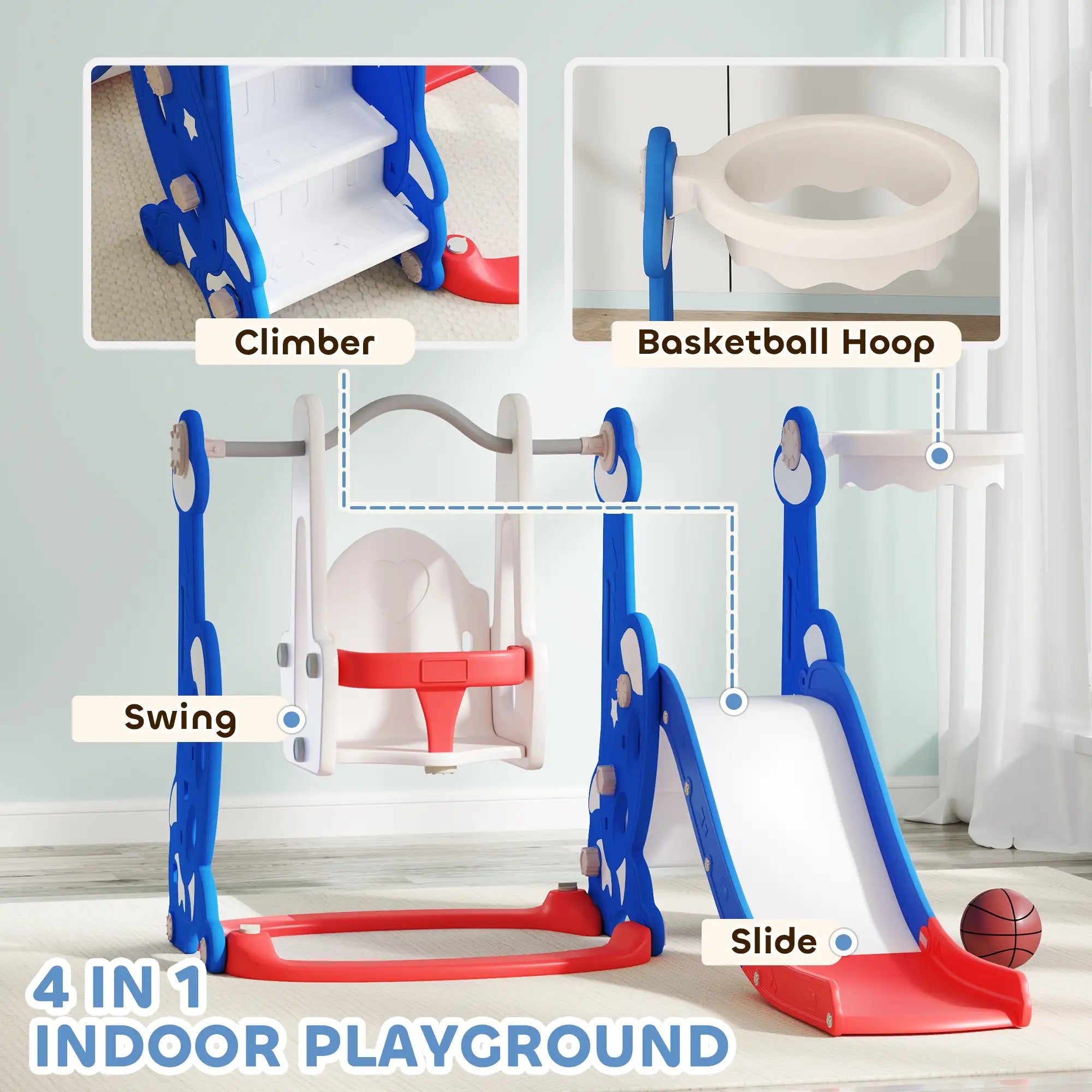 4-in-1 Slide, Swing Set, Basketball Hoop, Climber, Ages 1.5-4, Dark Blue Gym Sets & Swings at Gallery Canada