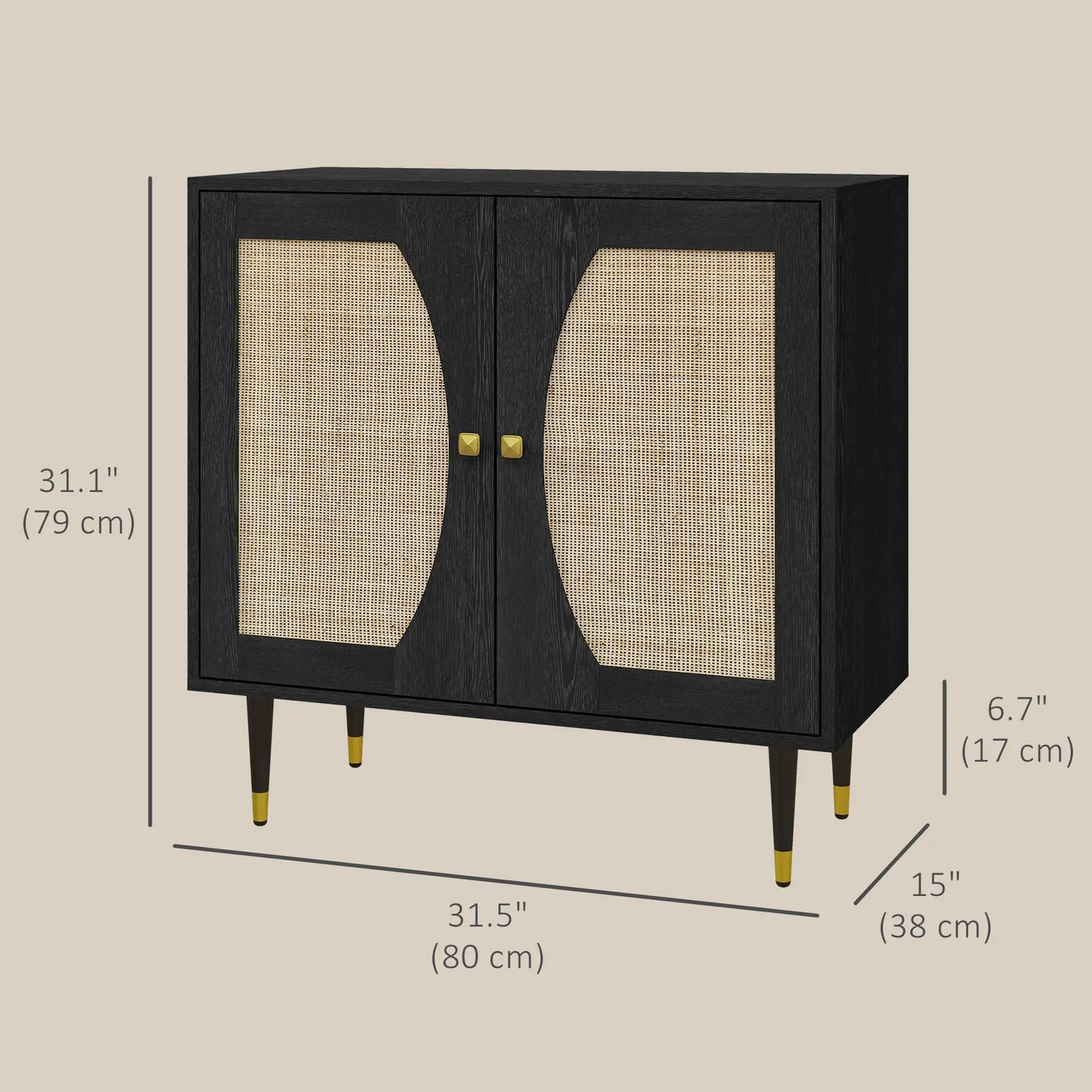 Boho Buffet Cabinet, Adjustable Shelf, Rattan Doors, 42 Inches, Black Kitchen Pantry Cabinets at Gallery Canada