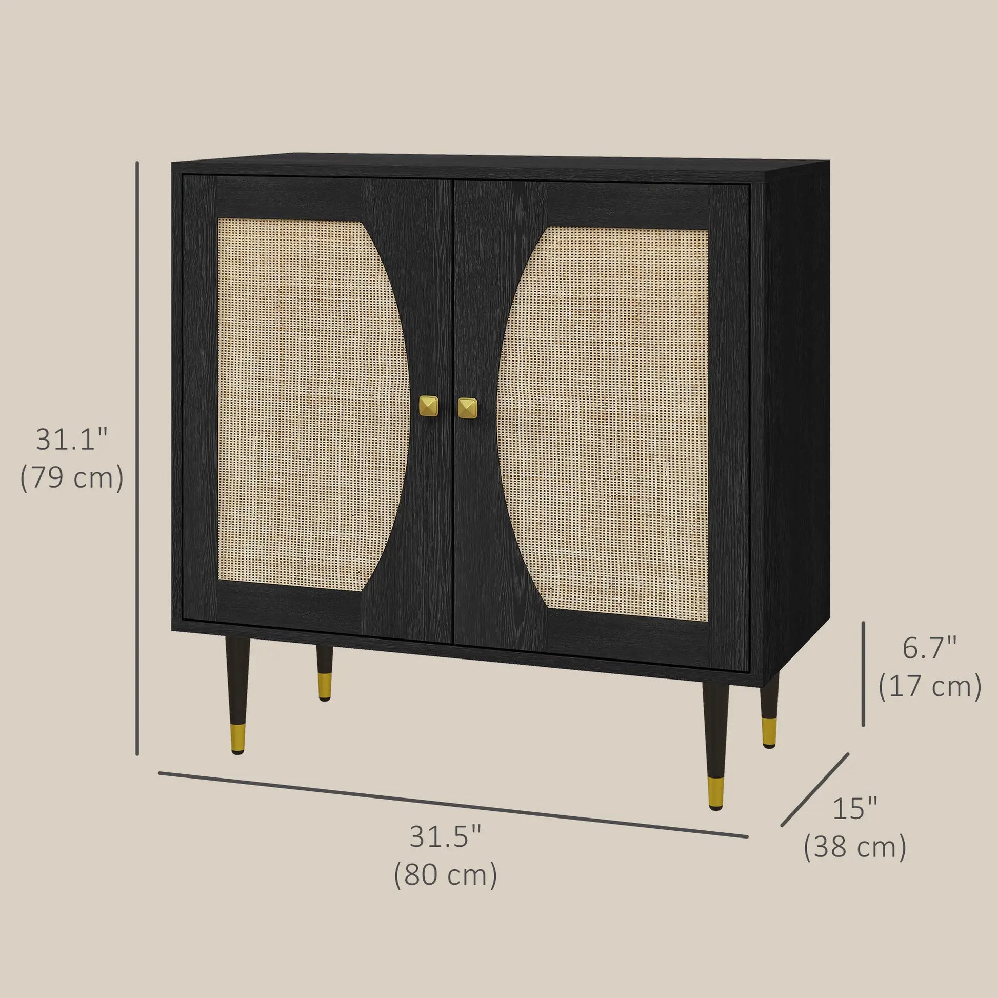 Boho Buffet Cabinet, Adjustable Shelf, Rattan Doors, 42 Inches, Black Kitchen Pantry Cabinets at Gallery Canada