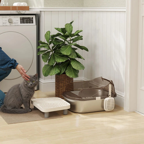 Stainless Steel Cat Litter Box, High Sided Enclosure, Step, Scoop