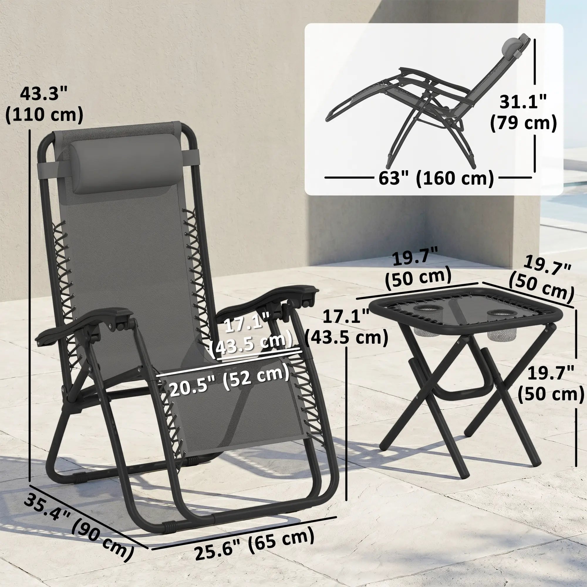 Zero Gravity Chair Set of 2, Patio Chair with Side Table, Grey Lounger Chairs at Gallery Canada